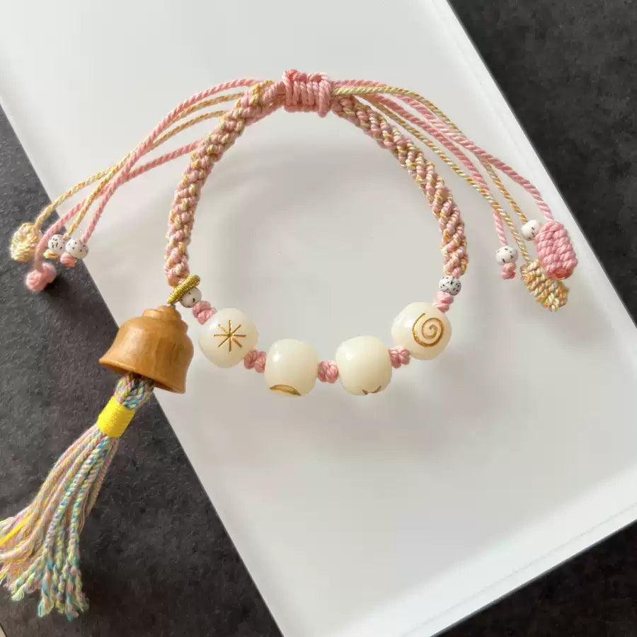 Funky Punky® White Bodhi Bead Bracelet with Sandalwood Bell and Celestial Motifs