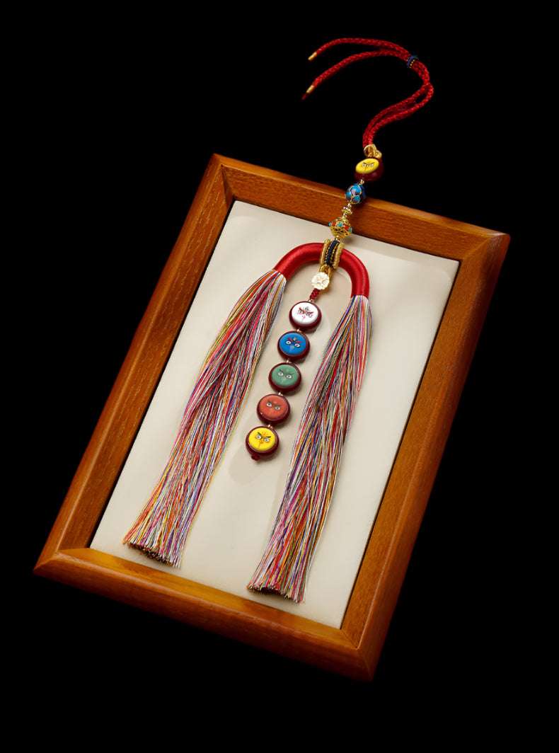 Five-Way Wealth God Sandalwood Tangka Car Pendant – Handwoven Spiritual Charm