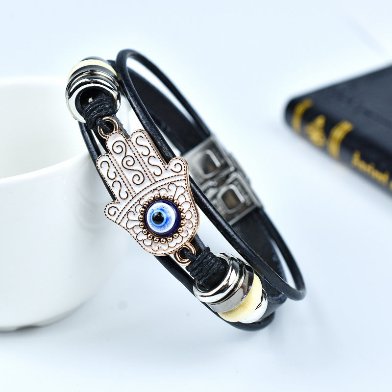 Leather Evil Eye Bracelet with Hamsa Hand – Adjustable Protection