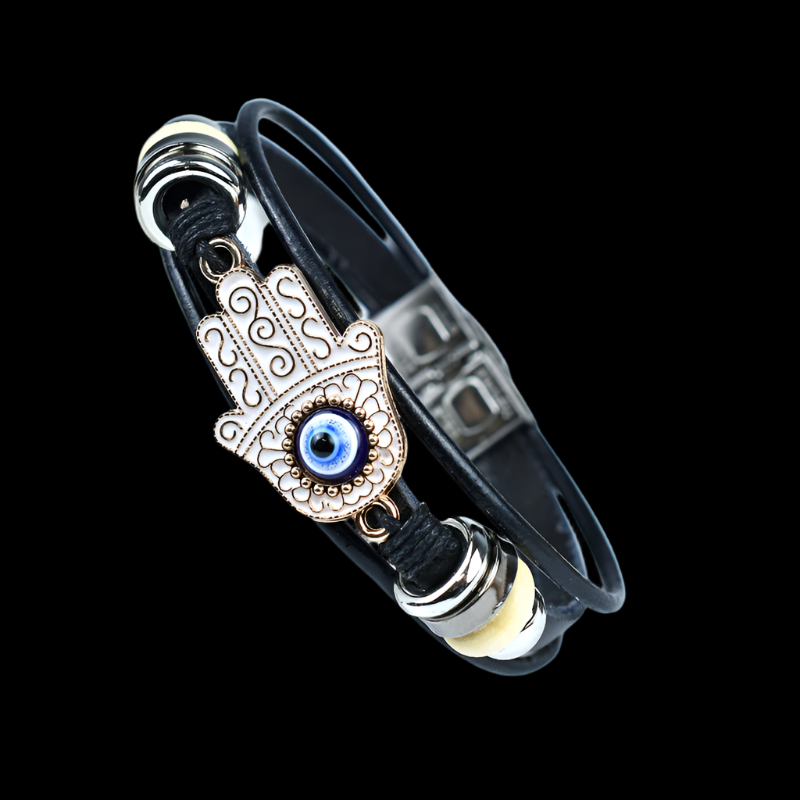 Leather Evil Eye Bracelet with Hamsa Hand – Adjustable Protection