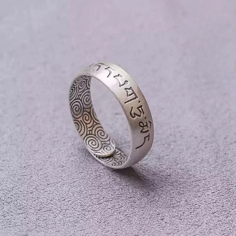 Tibetan Six-Word Mantra Wide Band Ring in Pure 999 Silver