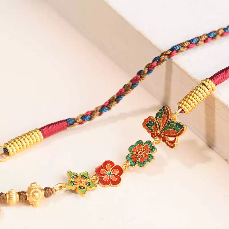 Handcrafted Tibetan Pendant Necklace with Thangka, Silk Cord & Enamel