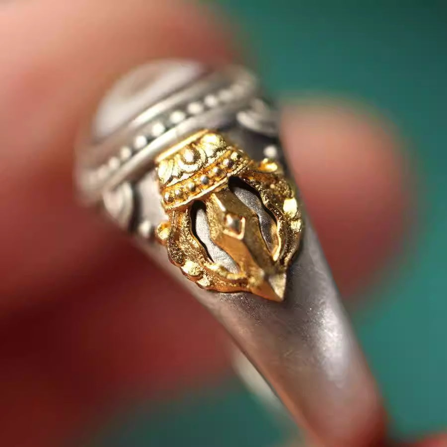 Third Eye Armor® Vajra Design Silver Ring with Dzi Bead