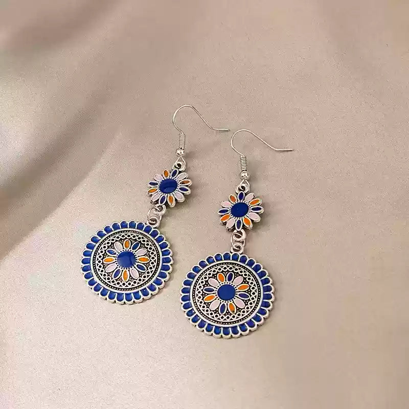 Tibetan Sunflower Drop Earrings – Silver-Plated Enamel Design
