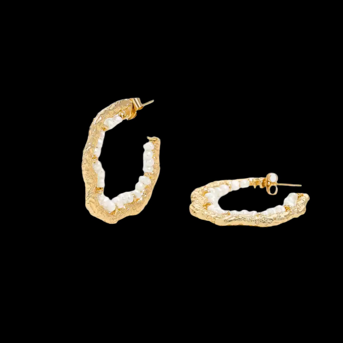 Textured Gold Hoop Earrings with Turquoise or Freshwater Pearls