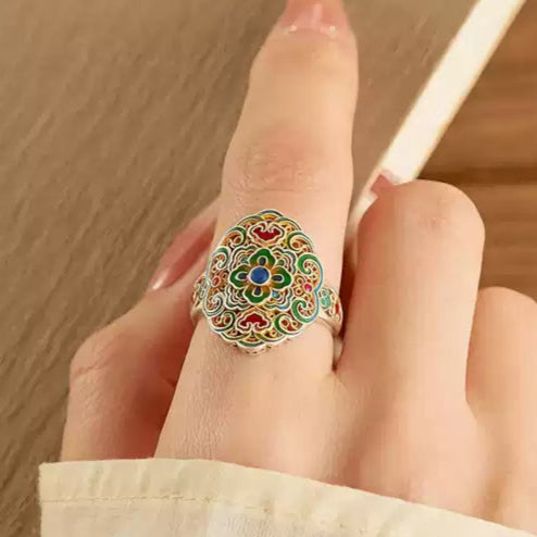 Garden of Empresses® 999 Silver Cloisonné Ring with Enamel Bloom