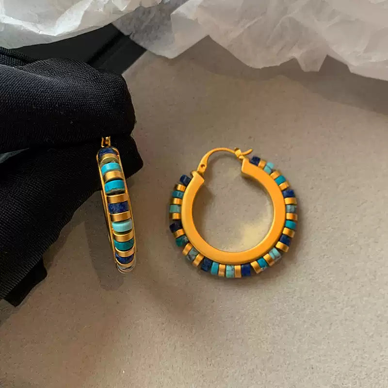 Vintage-Style Hoop Earrings with Lapis Lazuli and Turquoise Beads