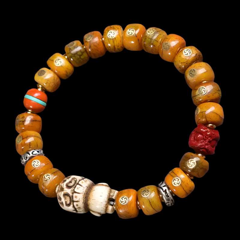 Tibetan Yak Bone Bracelet with Brass Swastika Inlay and Buddhist Accents