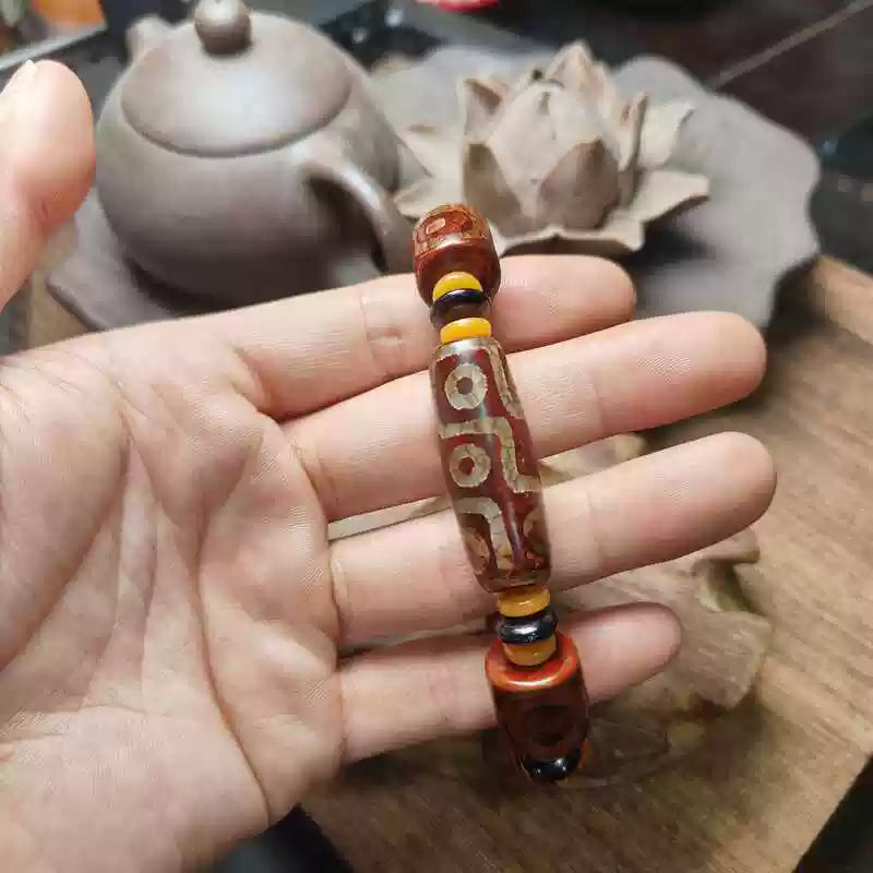 Natural Agate Tibetan Dzi Bead Bracelet – Three & Nine-Eyed Design