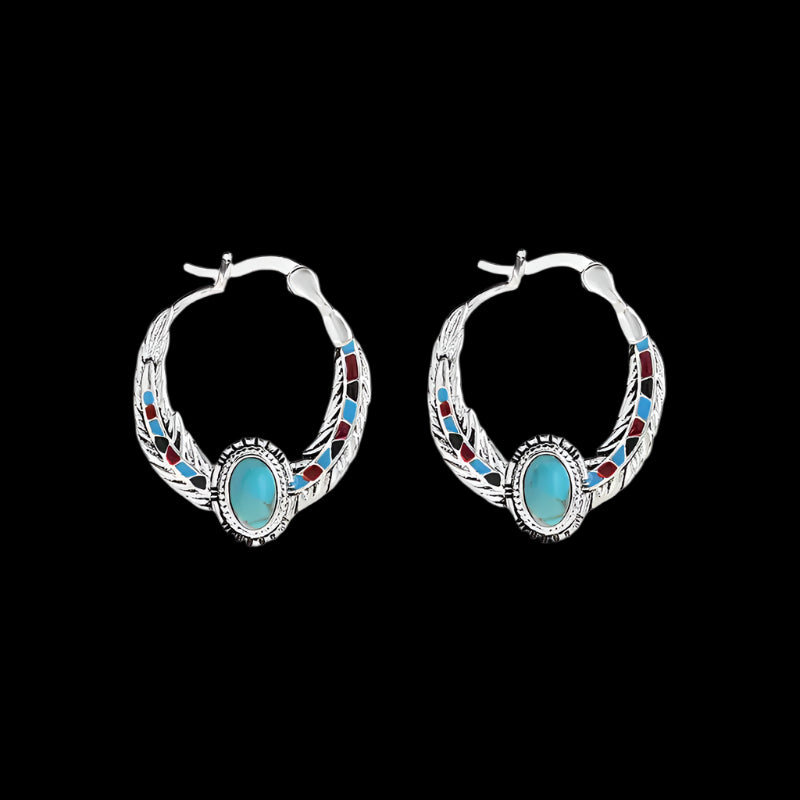 Tibetan Turquoise Hoop Earrings with Enamel Feather & Silver Detail