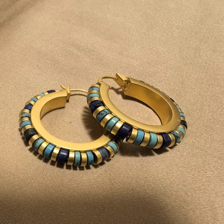 Vintage-Style Hoop Earrings with Lapis Lazuli and Turquoise Beads