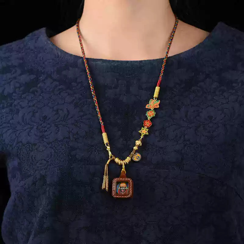 Handcrafted Tibetan Pendant Necklace with Thangka, Silk Cord & Enamel