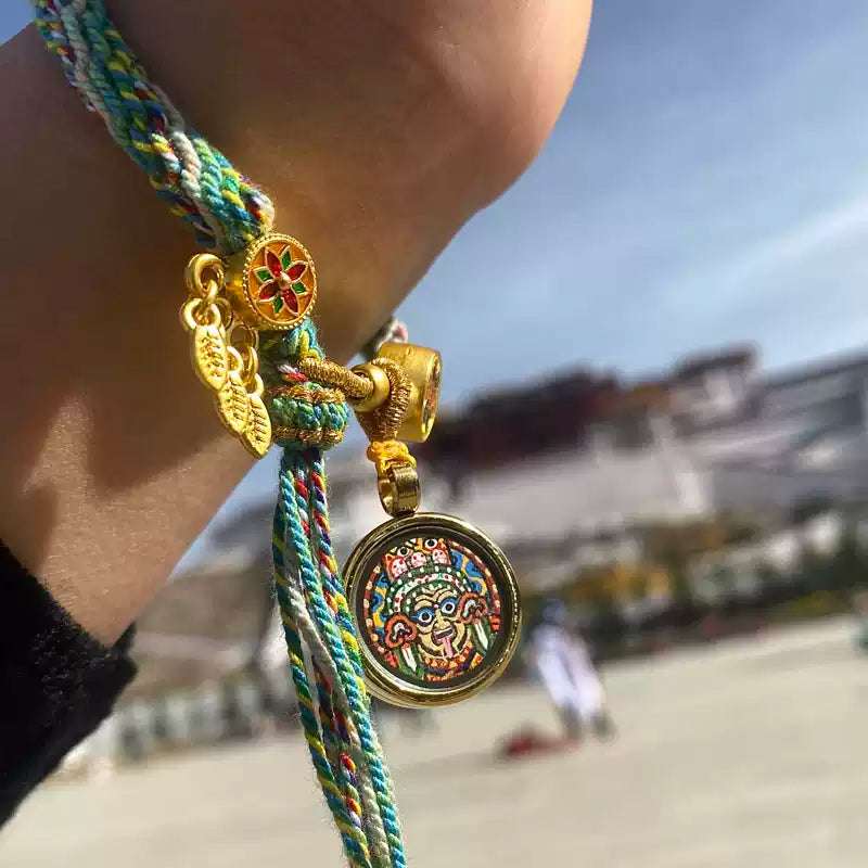 Hand-Painted Tibetan Thangka Zha Ki Ram Bracelet with Green Tara and Five Buddhas