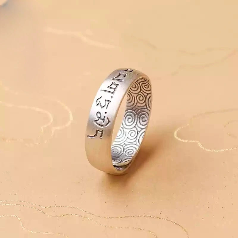 Tibetan Six-Word Mantra Wide Band Ring in Pure 999 Silver