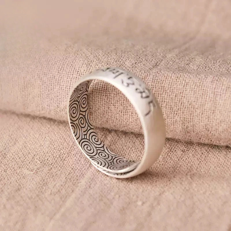 Tibetan Six-Word Mantra Wide Band Ring in Pure 999 Silver