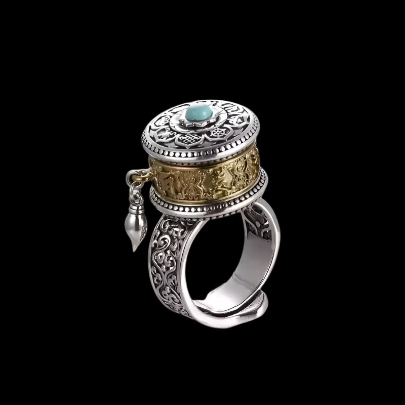 Tibetan Prayer Wheel Ring with Six-Syllable Mantra – Rotating Ring for Spiritual Focus and Protection