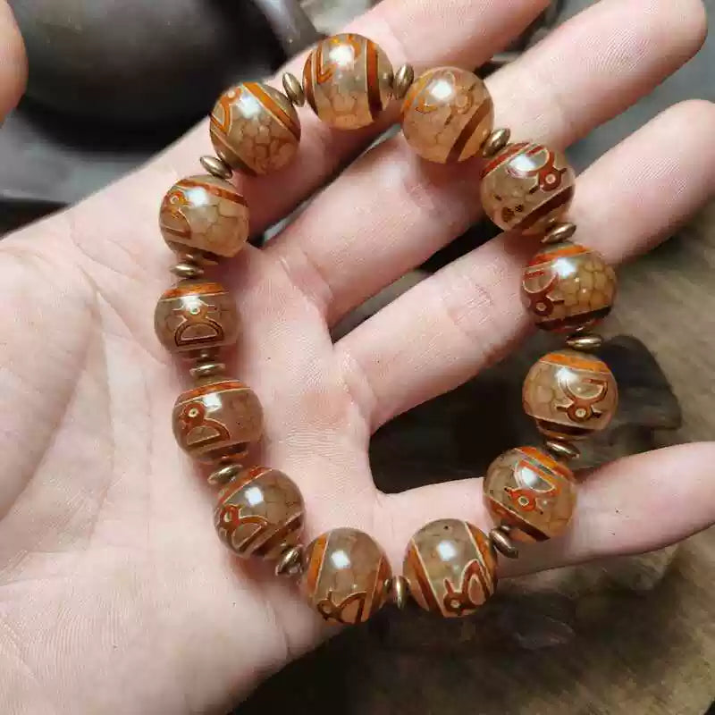 Tibetan Agate Bracelet with Red-Skin Dzi & Fortune Symbols