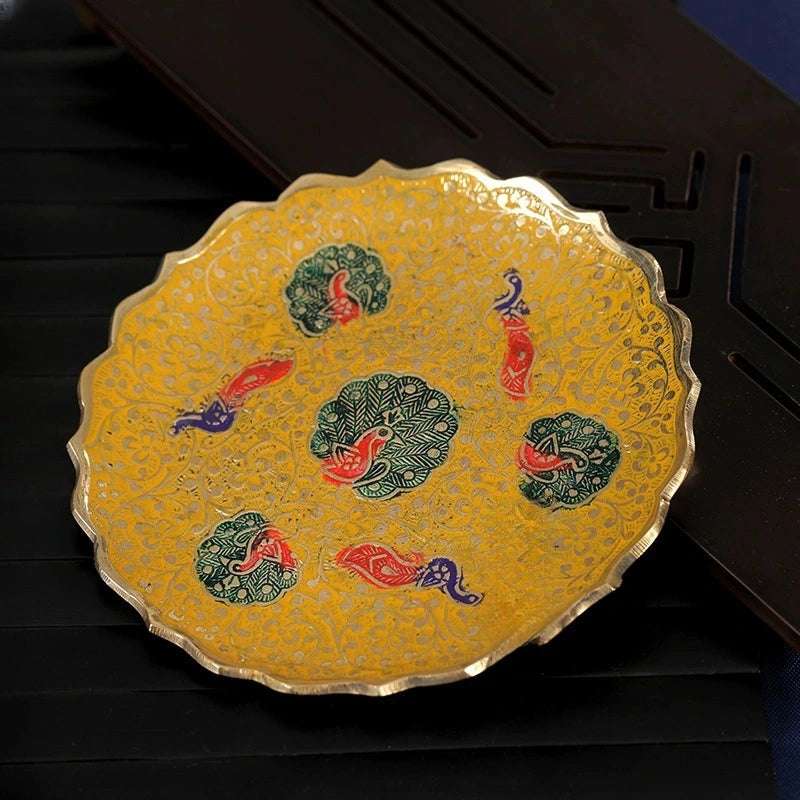 Tibetan Copper Offering Plate - Hand-Painted Enamel with Auspicious Patterns