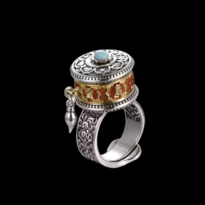 Tibetan Prayer Wheel Ring with Six-Syllable Mantra – Rotating Ring for Spiritual Focus and Protection