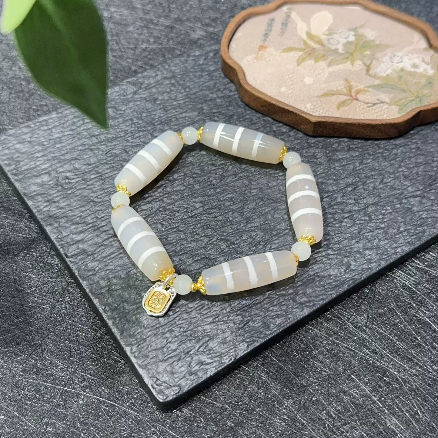 White Omen® Tibetan Three-Line Dzi Agate Bracelet with Gold Charm