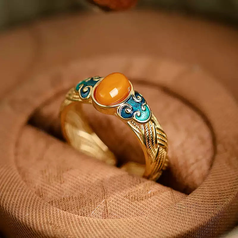 Garden of Empresses® 925 Silver Enamel Cloud Ring with Amber Charm