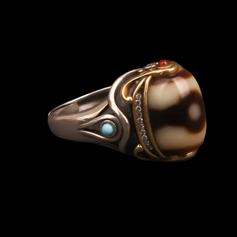 Third Eye Armor® Tibetan Dzi Ring with Three-Eyed Bead, Turquoise & Silver Inlay