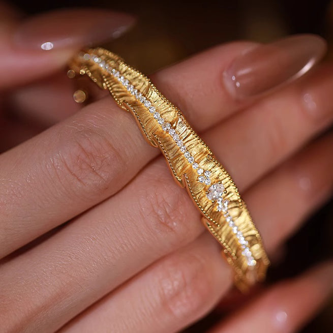 Imperial Ruffle Gold-Plated Silver Bangle with Pavé Detailing
