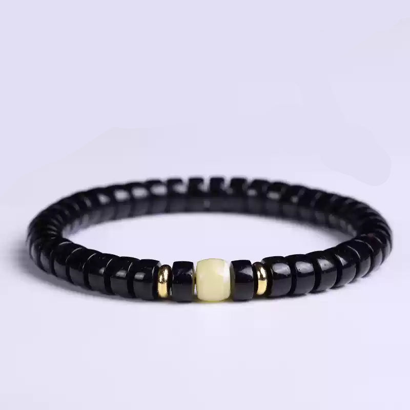 Black Coconut Shell Bracelet with Dzi Bead and Pill Disc Accents