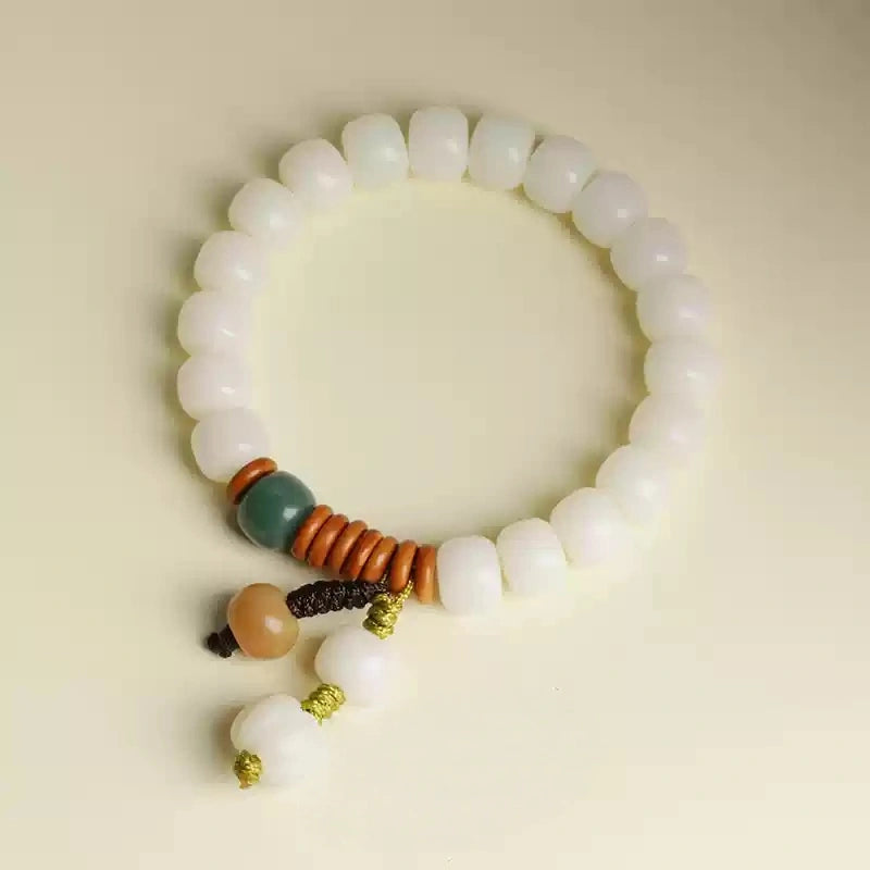 Tibetan White Bodhi Seed Bracelet with Jade & Ceramic Charms