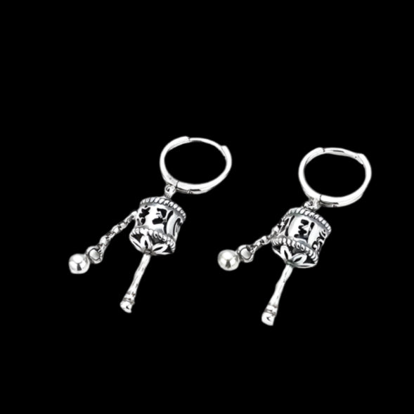 Tibetan S925 Silver Earrings with Six-Word Mantra Prayer Wheel