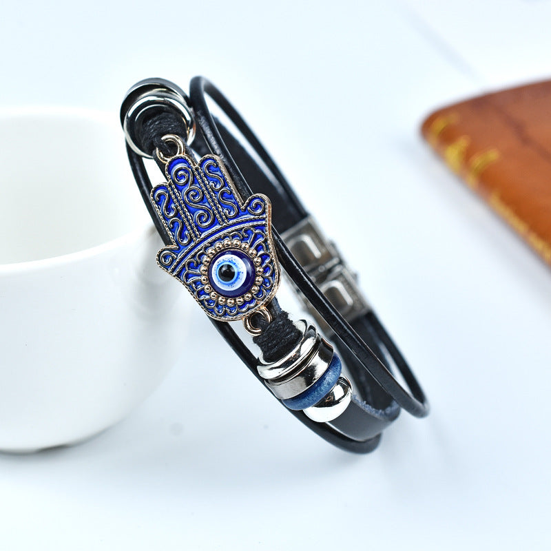 Leather Evil Eye Bracelet with Hamsa Hand – Adjustable Protection