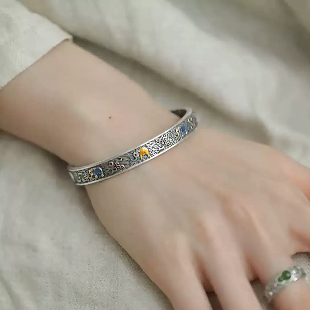 Enamel Elephant Silver Bangle with Vintage Floral Talisman