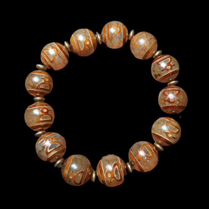 Tibetan Agate Bracelet with Red-Skin Dzi & Fortune Symbols