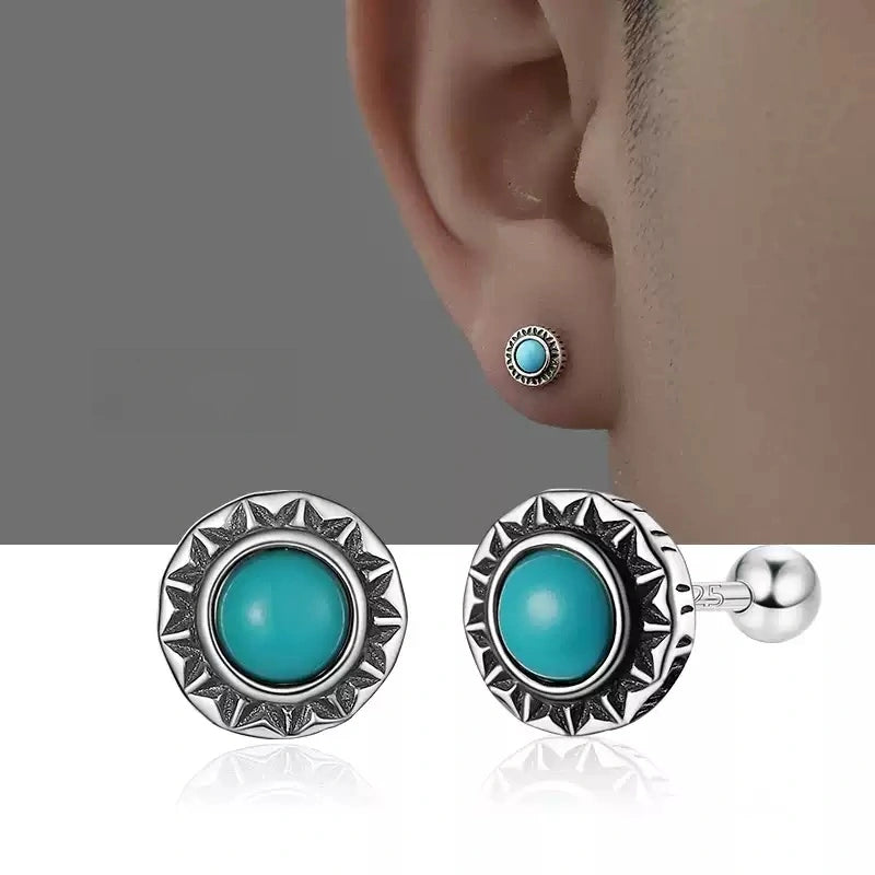 Tibetan Sterling Silver Stud Earrings with Turquoise Inlay