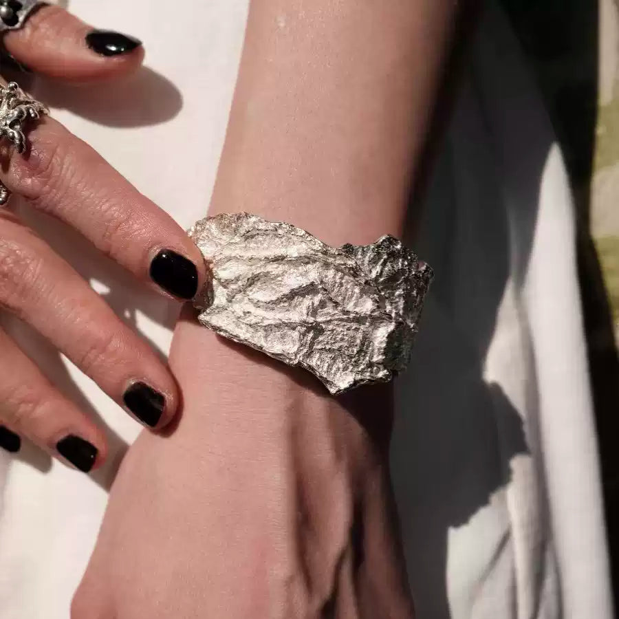 Handcrafted Silver Textured Cuff Bracelet with Organic Design