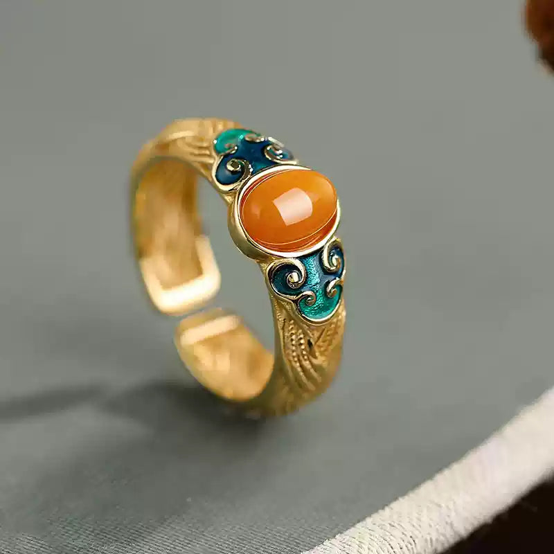 Garden of Empresses® 925 Silver Enamel Cloud Ring with Amber Charm