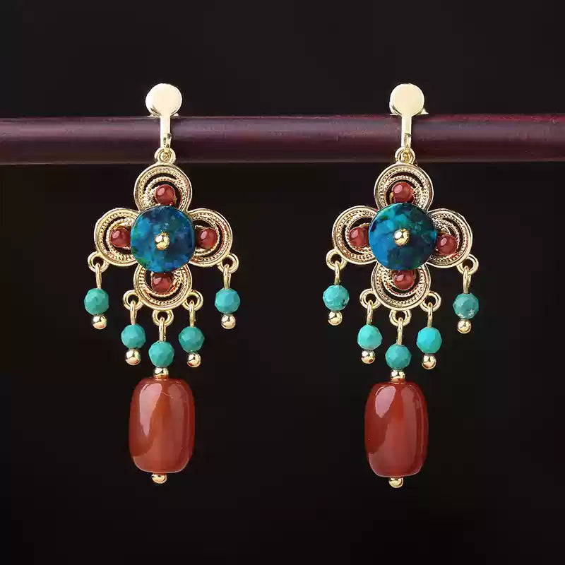 Tibetan Filigree Drop Earrings with Carnelian & Turquoise Beads
