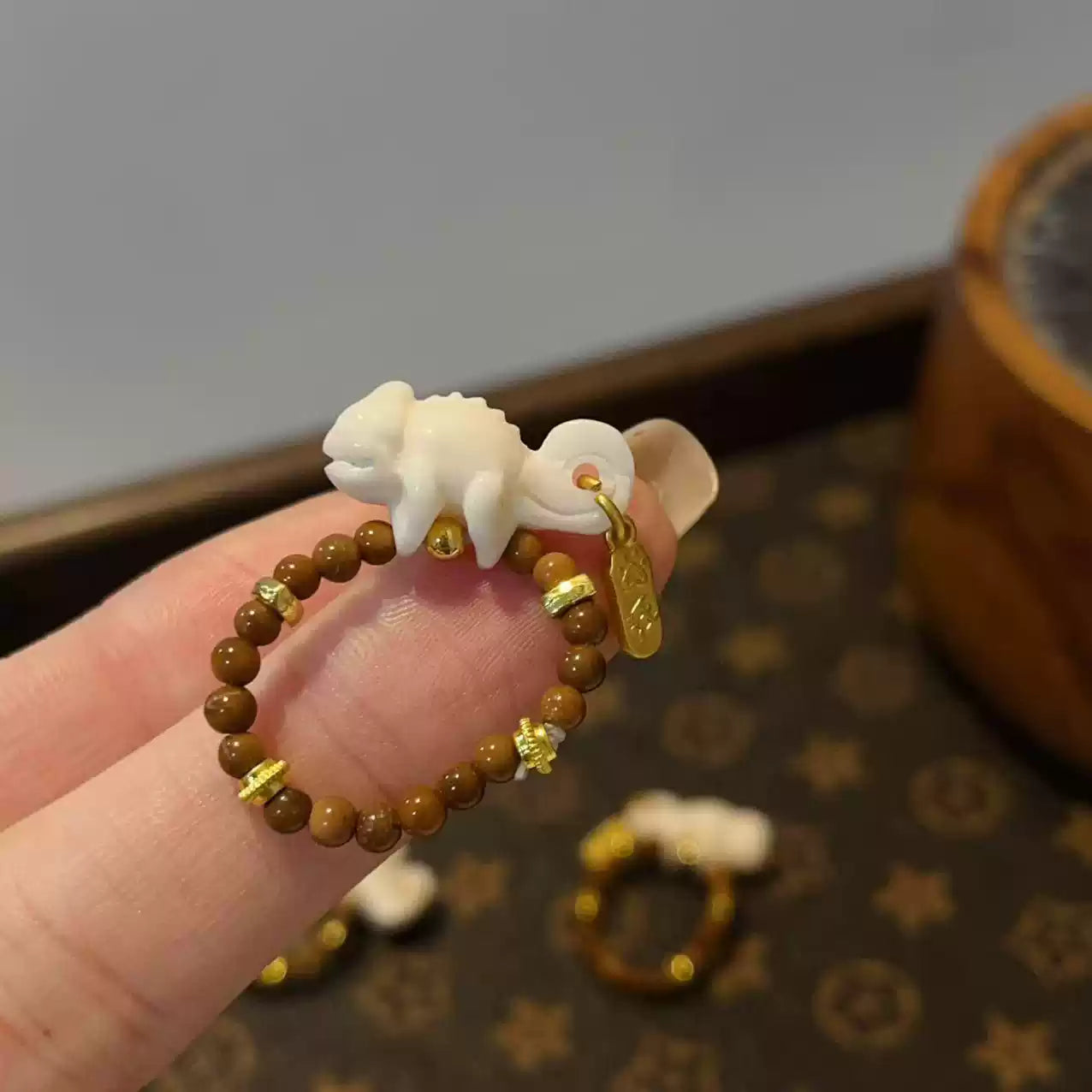 Funky Punky® Tibetan Deer Bone Lizard Ring with Brown Beads
