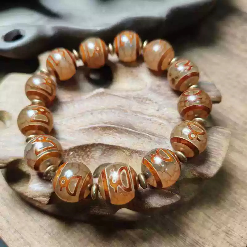 Tibetan Agate Bracelet with Red-Skin Dzi & Fortune Symbols