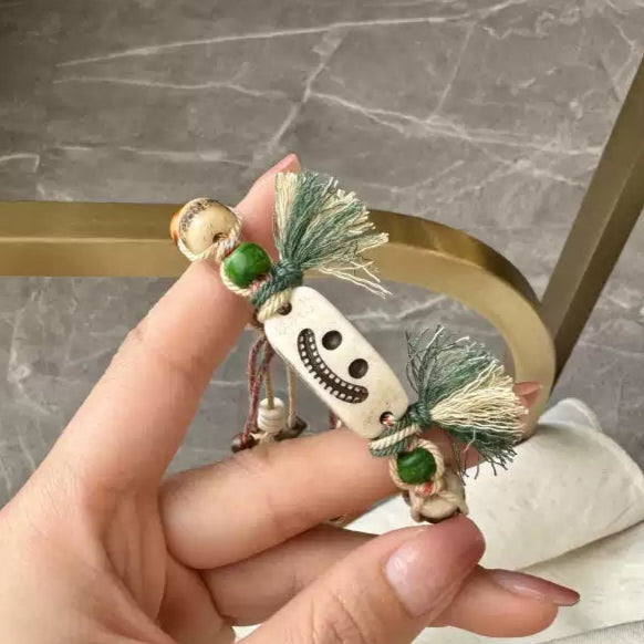 Funky Punky® Tibetan Smiling Face Bracelet with Carved Bone, Bodhi & Green Sandalwood