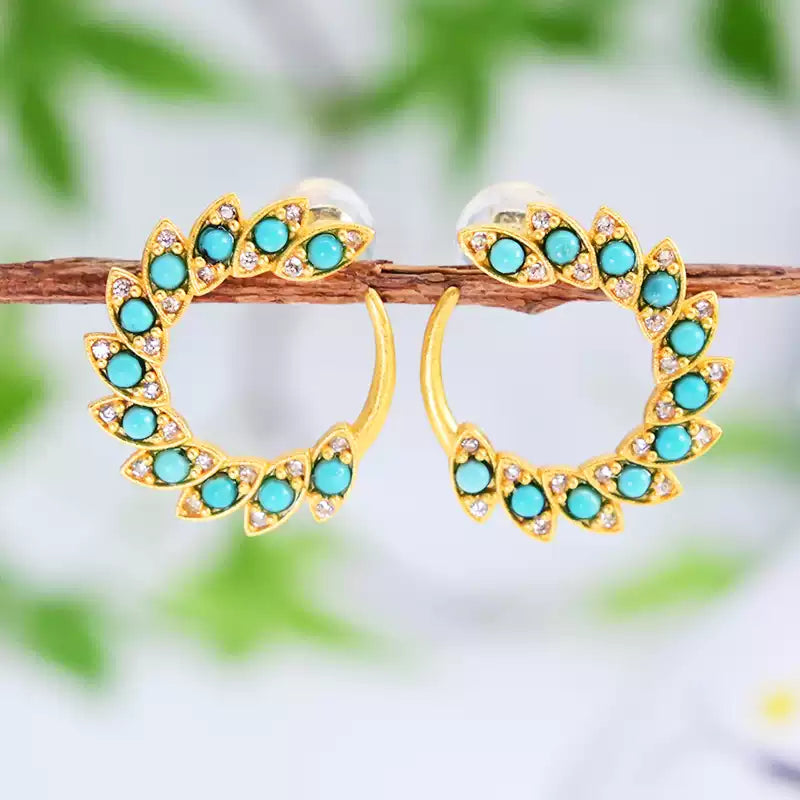 Sky Royal® Gold-Plated Turquoise Hoop Earrings with Leaf Motif