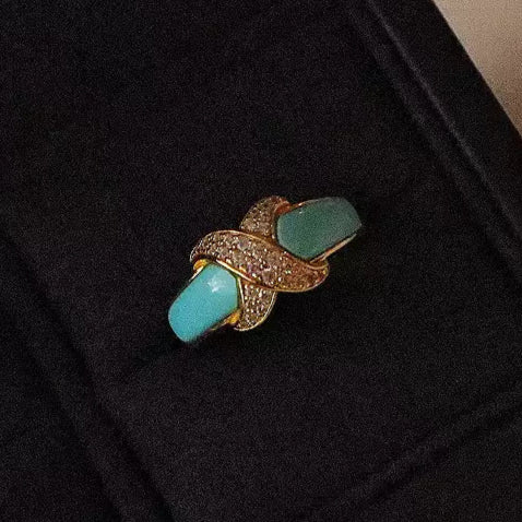 Turquoise Inlay Ring with Crystal Accents in Gold-Plated Silver