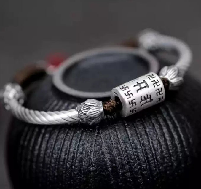 Tibetan Silver Mantra Bracelet with Woven Cord & Lotus Accents