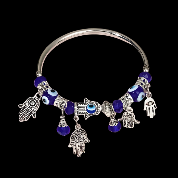 Silver Evil Eye & Hamsa Charm Bracelet with Blue Glass Beads