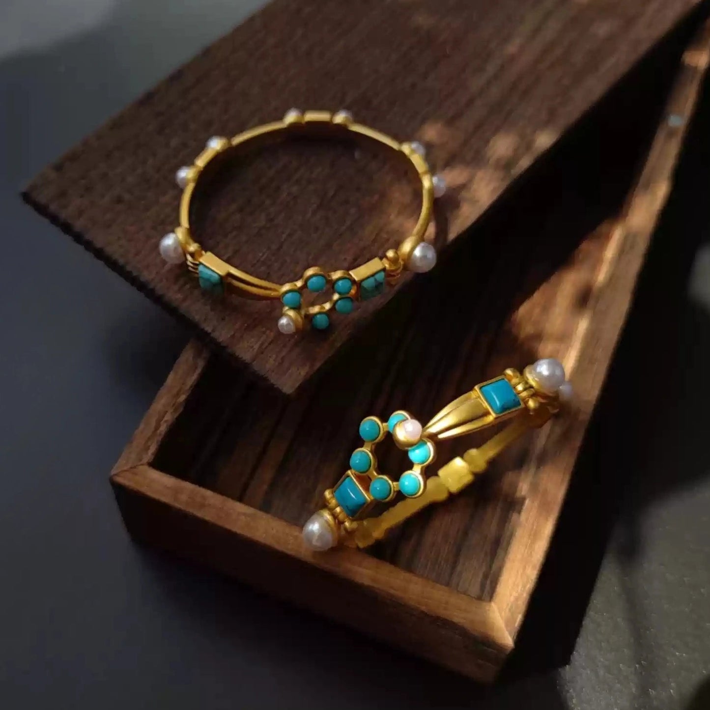 Sky Royal® Gold-Plated Brass Bangle with Turquoise and Pearl Accents