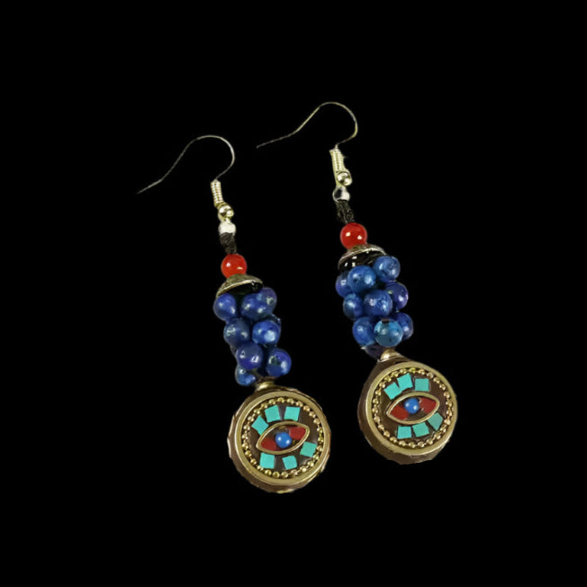 Tibetan Woven Beaded Earrings – Handcrafted with Turquoise, Coral, and Brass for Spiritual Protection