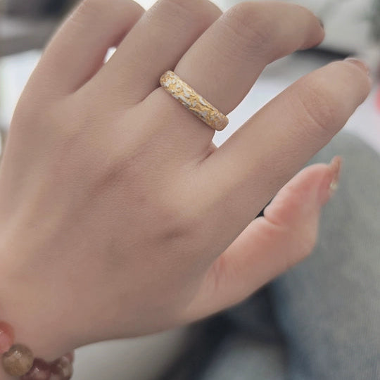 Tibetan Silver Ring with Gold Leaf Inlay & Stone Texture Design