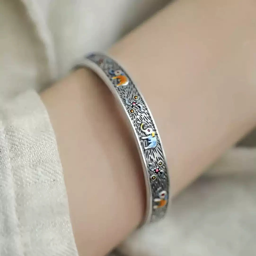 Enamel Elephant Silver Bangle with Vintage Floral Talisman