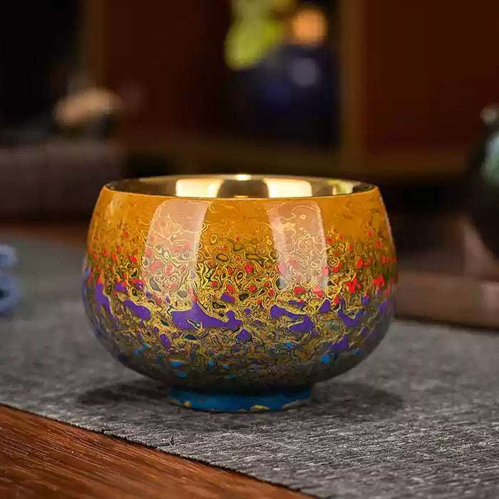 Handcrafted Lacquered Tea Cup with 24K Gold and Tibetan Bodhi Leaf Design – Traditional Tibetan Tea Cup with Non-heritage Craftsmanship