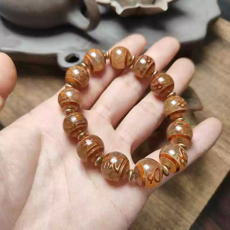 Tibetan Agate Bracelet with Red-Skin Dzi & Fortune Symbols